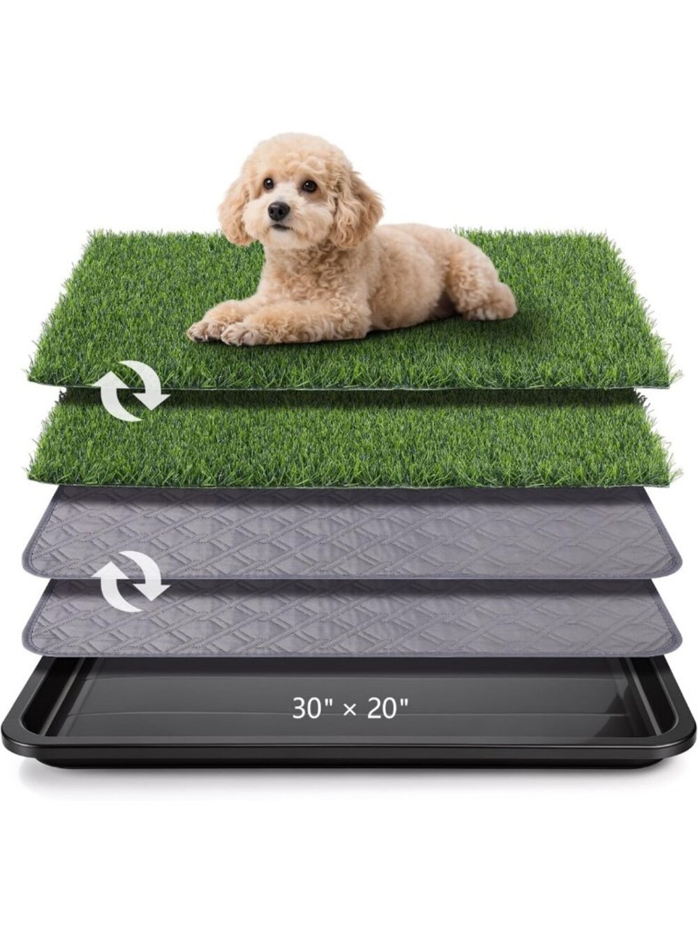 Pet Grass Pad with Tray, 30x20 in, 3-Layer Indoor Potty System, 2 Grass Pads